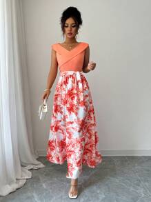 Elenzga Women's Elegant Contrast Color Waist Printed Dress