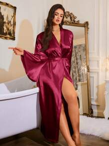 LuxeNights 法式优雅宽松长款睡袍，女士真丝睡袍，舒适优雅细节，秋冬款 - 酒紅色 - 查看 3
