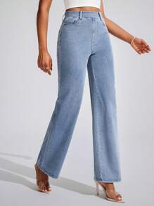 Flexra Women's Casual Elastic Waist Straight Leg Jeans, Does Not Include Belt - Light Wash - View 6