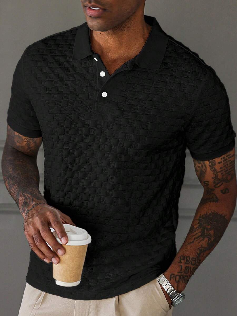 Manfinity Homme Men's Casual Textured Fabric Half-Button Polo Shirt, Short Sleeve, Summer - Black - View 1
