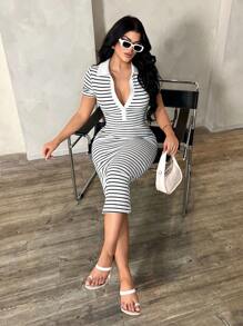 SHEIN SXY Women's Summer Casual Elegant Business Commuting Style Black & White Striped Polo Shirt Dress, Knit Stretchy Fitted Midi Dress, French Chic Dress Black And White Striped Dress Stripe Midi Dress Bodycon Midi Dress Striped Bodycon Dress Womens Summer Dress Collared Striped Dress