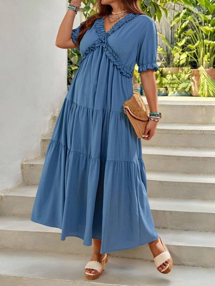 Plus Size Women Summer Vacation Blue V-Neck Short Sleeve Frill Trim Long Dress,Gifts For Mother,Summer Holiday,Vacation Outfits Women,Simple And Fashionable For Everyday Wear,Vacay Vibes,Springbreak,Casual Wear SS,Bohemia