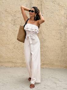 SHEIN Frenchy 女式条纹荷叶边下摆露肩连体裤，休闲度假装