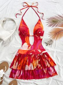 Soleia 女士节日复古扎染印花深 V 领露背系带荷叶边下摆迷你连衣裙，适合派对、约会、下午茶、街头、城市假日、音乐节、海滩、夏季 - 彩色 - 查看 5