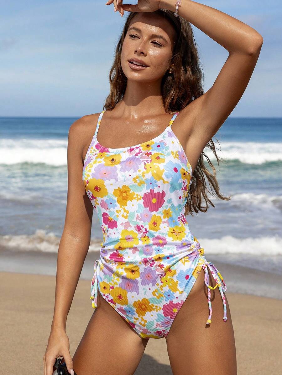 Swim Mod 女士花卉印花连体泳衣，可爱甜美，适合海滩、度假、约会、随机图案 - 彩色 - 查看 1
