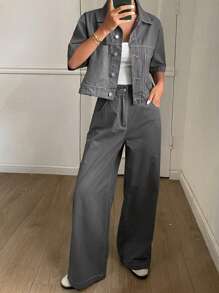 DAZY 2pcs Women Denim Shirt And Long Denim Pants Set, Spring/Summer,Back To School Clothes - Dark Grey - View 3