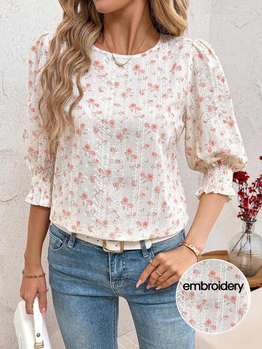 SHEIN Clasi 女士花卉印花圆领短袖宽松衬衫，春夏情人节乡村女士春季休闲上衣女士夏季春季情人节夏季夏季奶油黄女牛仔刺绣上衣乡村秋季 - 藕粉色 - 查看 1