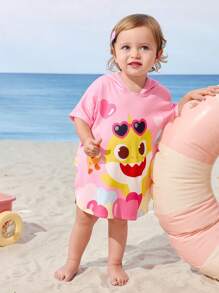 BABY SHARK X SHEIN 女婴夏季假日可爱鲨鱼图案连帽沙滩装