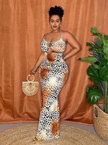 Veslaya 2025 New Spring/Summer Fashion Plus Size Women Retro Western/Tropical Resort/Music Festival/Club/Road Trip/-Travel/Casual City/Graduation Date/Elegant Vacation Fitted Spaghetti Strap Blue Ombre Leopard Hollow Beaded Maxi Dress,Summer Dresses For Women,Maxi Dress - Multicolor - View 5