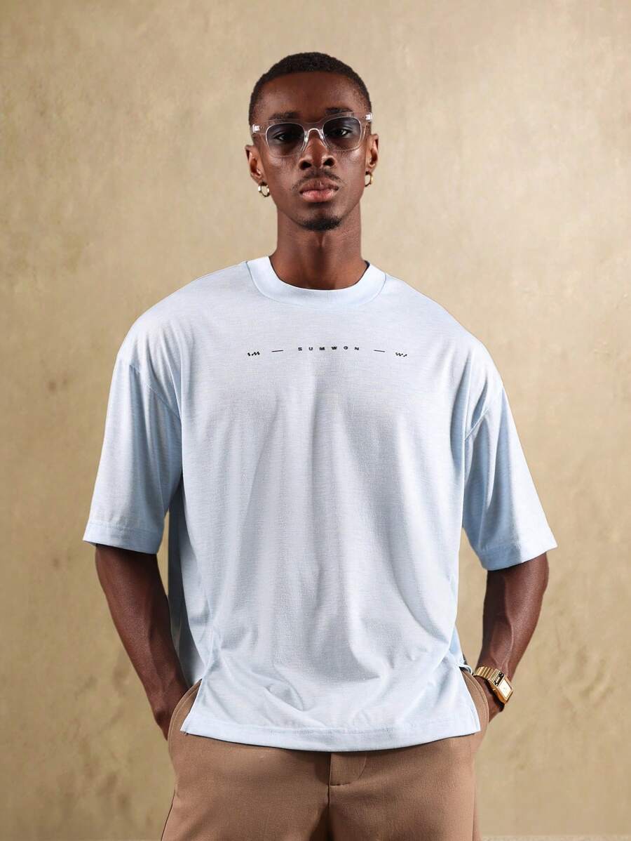 Sumwon 签名极简主义宽松优质 T 恤，带开缝细节，现代街头服饰，日常基本款 - 藍色 - 查看 1