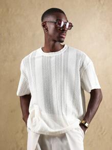 SUMWON Boxy Fit Textured Summer Knit Top Open Weave Beach Lounge Resort Minimalist Urban Streetwear Airy Vacation Casual Comfort - White - View 6