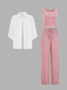 SHEIN LUNE 3 件套女士单色格子衬衫、修身西装外套和阔腿裤秋季套装，2024 年新款