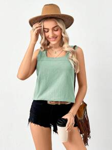 EMERY ROSE Summer Grayish Green Casual Sleeveless Shirt With Square Neckline Spring Clothes - Green - View 3
