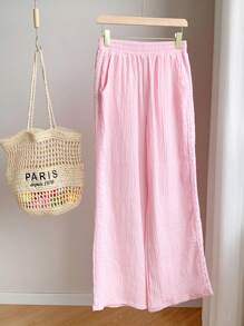 Comfortcana Celana Panjang Wanita Kasual Warna Pink dengan Motif Renda dan Potongan Lebar, Musim Panas - Baby Pink - View 5