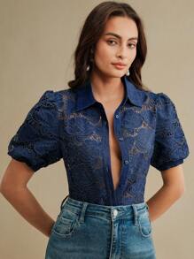 Anewsta Blusa nueva para el verano con cuello alto vintage, elegante, calada, bordada y con mangas abullonadas para mujeres - Azul - Ver 5