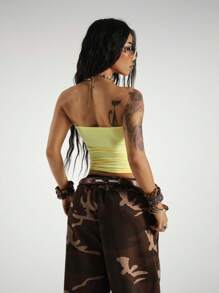 StreetHx Subcultural Letter Print Wrap Chest Crop Top For Women - Yellow - View 2