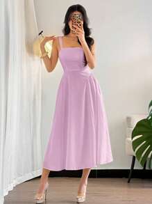 Firerie 女式优雅简约假日海滩黄色褶饰纹理无袖 A 字中长连衣裙 - 紫色 - 查看 6