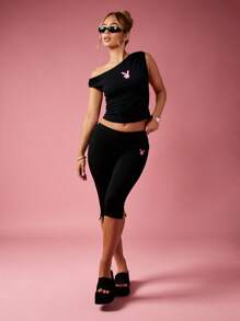 Missguided x Playboy Áo crop top hở vai Logo thỏ nhỏ Câu lạc bộ khiêu vũ yoga Tiệc lễ hội Mùa hè Thời trang đường phố Co giãn Ôm sát Hiện đại Sang trọng - màu đen - Xem 3