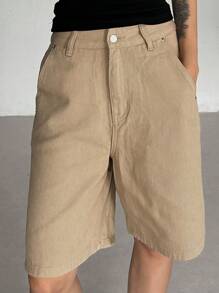 Livesso 女式猫须做旧直筒 5 英寸牛仔短裤，返校服装 - 卡其色 - 查看 7