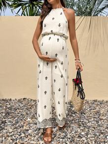 SHEIN Beige Geometric Print Suspenders Waist Tie Wide-Leg Casual Holiday Maternity Jumpsuit