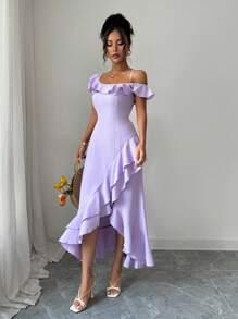 Selianne 全新女式纯色不对称肩带荷叶边下摆不对称背部设计休闲百搭优雅连衣裙