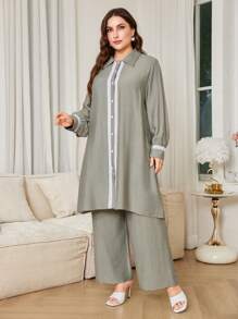 Lacomfia 2件套女士加大码撞色蕾丝长袖单排扣衬衫和裤子套装 - 綠色 - 查看 7