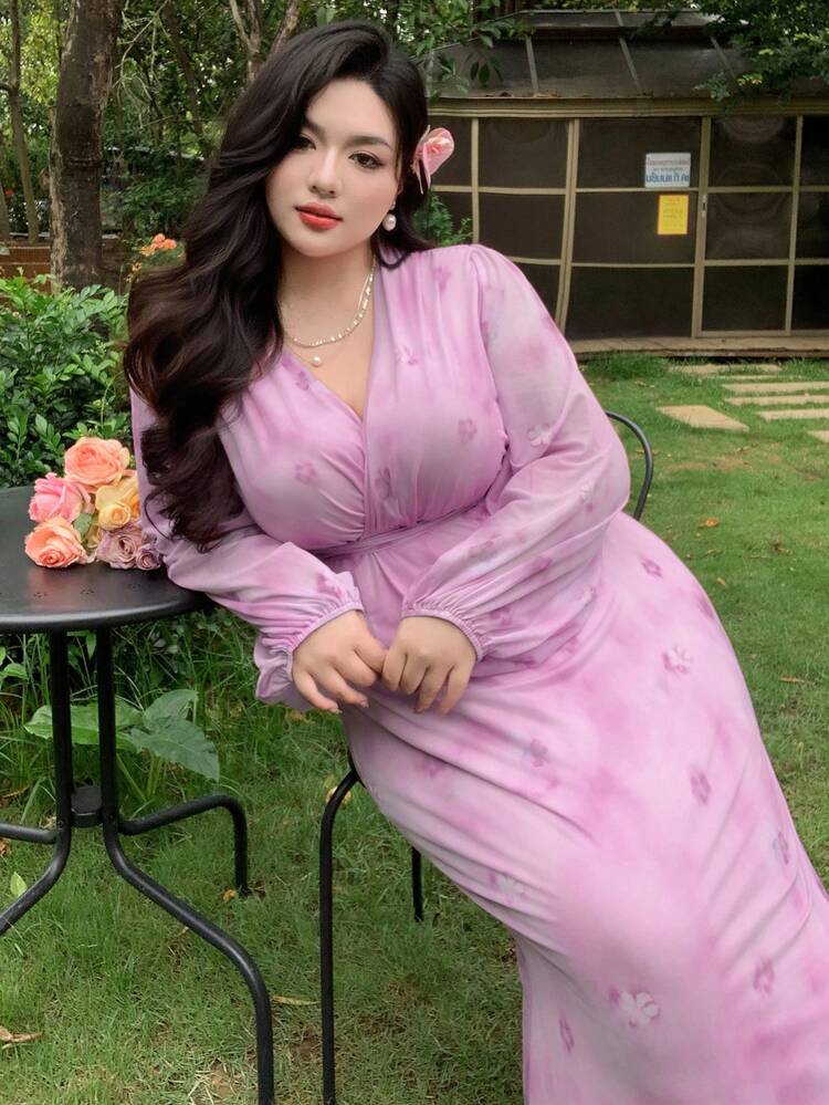 Dazy Plus Plus Size V-Neck Ruched Waist Slim Fit Long Floral Print Chiffon Dress With Lantern Sleeves,Fall Dress Long Sleeve Dress
