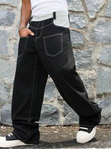 Manfinity Hypemode Men's Long Black Denim Jeans Loose Fit Contrast Panel And Stitching Detail Zipper Fly