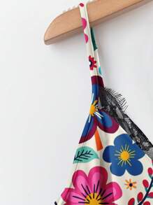 EMERY ROSE 加大码 V 领蕾丝拼布花卉油画印花吊带背心，优雅适合度假、约会、派对、时尚无袖