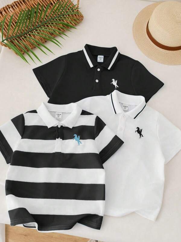 3 Stücke Outfit Set für Kleine Jungen Kinder mit lässigem Collegeprint Poloshirt, geeignet für Alltag, Schule, Reisen, Sport, Frühling & Sommer