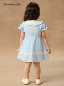 Glamorique Kids Baby Girls' Puff Sleeve Color Block Lace Decor Point Collar Front Opening Dress - Baby Blue - View 2
