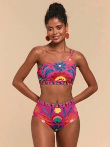 Travachic Conjunto de bikini floral sexy de un hombro para mujeres en la playa de verano