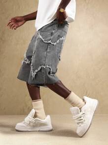 SUMWON Distressed Denim Jorts High Fashion Star Pattern Cut Out Design Knee Length Street Style Festival Summer Shorts