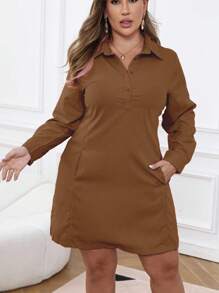 Calvaya Plus Size Casual Solid Color Long Sleeve Knee-Length Dress