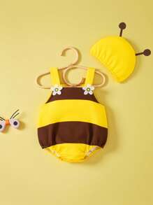 SHEIN Playful Pals 2 件蜜蜂主题女婴服装，可爱有趣的风格适合派对和日常穿着，夏季套装