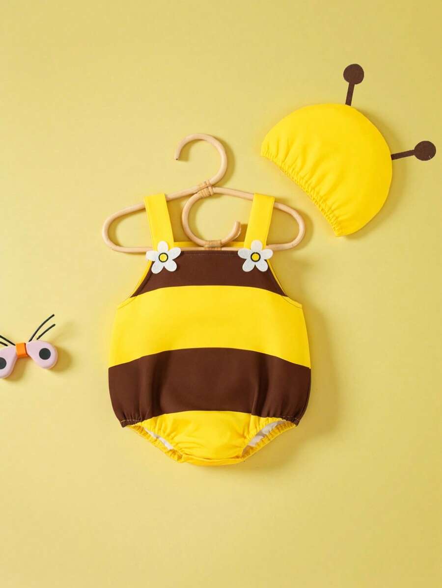 SHEIN Playful Pals 2 件蜜蜂主题女婴服装，可爱有趣的风格适合派对和日常穿着，夏季套装