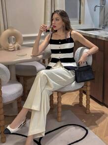 Pariaura 法式休闲修身吊带无袖羊毛条纹排扣黑白女装春夏针织上衣女装外出装 - 黑與白 - 查看 4