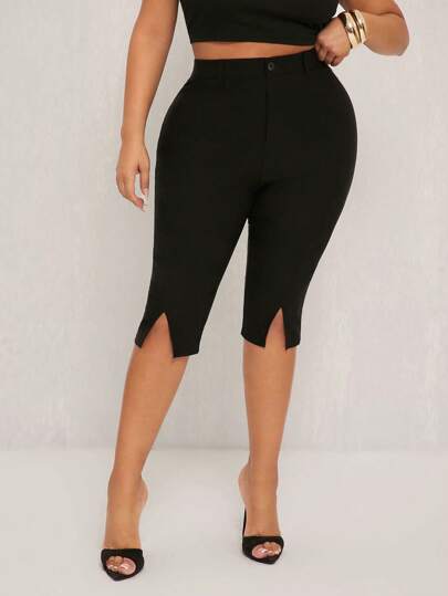 SHEIN SXY Plus Size Women's Elegant Sexy Daily Basic Solid Color Stretch Fabric Pants With Slits And Pockets Capris,Suitable For Western Wear,Cruise Attire,Music Festival,Concert,Carnival Party,BOHO,Bohemian,Resort,Outing,Beach Vacation,Richly Layered,Holiday,Date Night,Birthday,Bachelorette Party ,Cocktail Party,Formal Event,Gyaru,Ibiza,Nashville,Break,Rave,Modest,Chic,Club,Cute,Casul,Shopping, Streetwear,Going Out, ,Easy To Match&Looks Slim,Accent Your Body,Flatter The Figure