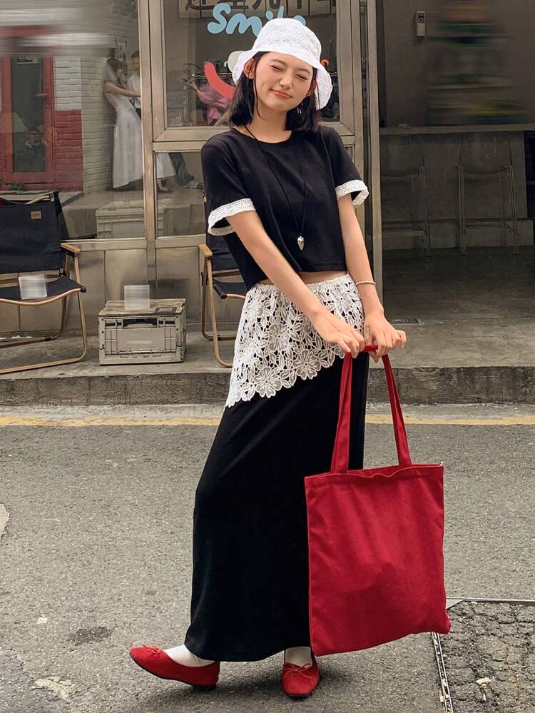 2pcs Women Spring/Summer Patchwork Cropped T-Shirt And Skirt Set Carnival