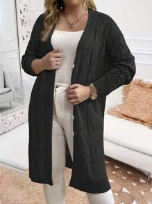 Vionelle 女士加大码单排扣休闲扭纹针织中长款开衫 - 黑色 - 查看 3