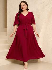 Veilorie Plus Size V-Neck Short Sleeve Casual Waist Cinched Summer Dress - Burgundy - View 6