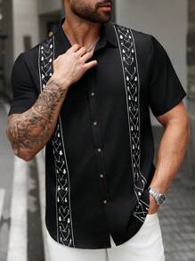 Manfinity Homme Men's Plus Size Summer Graphic Print Short Sleeve Single-Breasted Shirt - Black - View 2