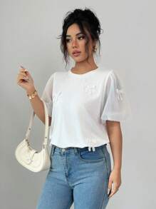 Elenzga Women's Solid Color Round Neck Short Sleeve T-Shirt With Bow Decoration, Summer - White - View 3