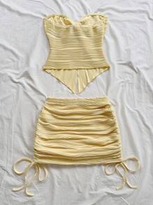 Soleia 2pcs Women Holiday Summer Solid Color Twist Bandeau Top & Drawstring Waist Bodycon Mini Skirt Set - Yellow - View 2