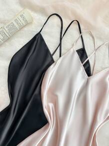 2pcs Set Solid Color Cross Strap Satin Ladies Nightgown, Dual-Color