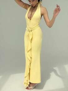 Aloruh Women's Solid Color Deep V Neck Sleeveless Backless Ruffle Hem Yellow Dress, Sexy For Summer - Yellow - View 3