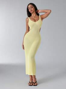 SHEIN Unity 女式夏季 V 领露背黄色腰部镂空设计针织吊带背心紧身连衣裙 - 黃色 - 查看 1