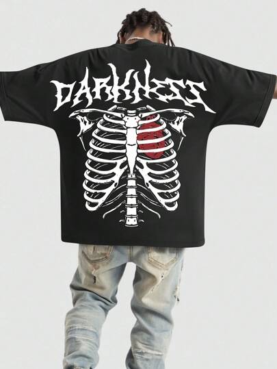 Street Life Men's Goth Skeleton Loose Letter & Skeleton Print Round Neck T-Shirt, Summer
