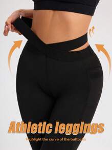 SHEIN Sports 女士纯色腰部交叉紧身裤，休闲夏季运动紧身裤 - 黑色 - 查看 2