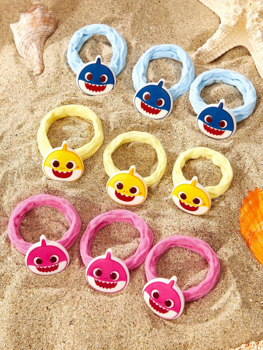 BABY SHARK X SHEIN 9 cái/bộ Dây buộc tóc hoạt hình cá dễ thương/Dây buộc tóc đàn hồi, dày, bản rộng, không kéo tóc, dành cho bé gái - Nhiều màu - Xem 1